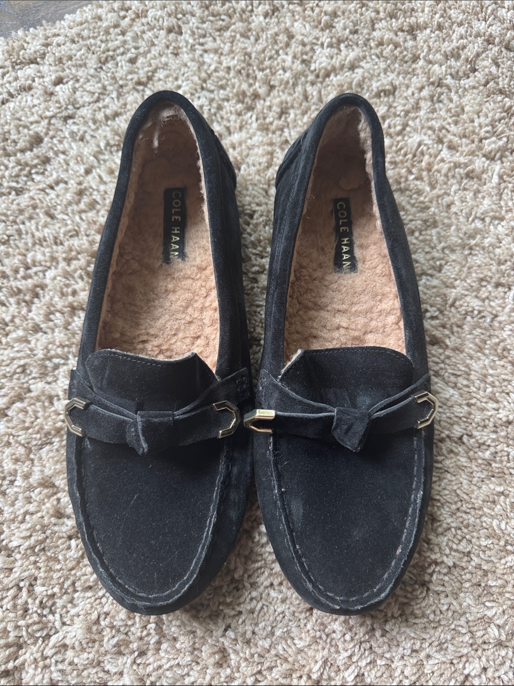 Cole Haan Black Suede Shearling-Lined Loafers with Gold Accent